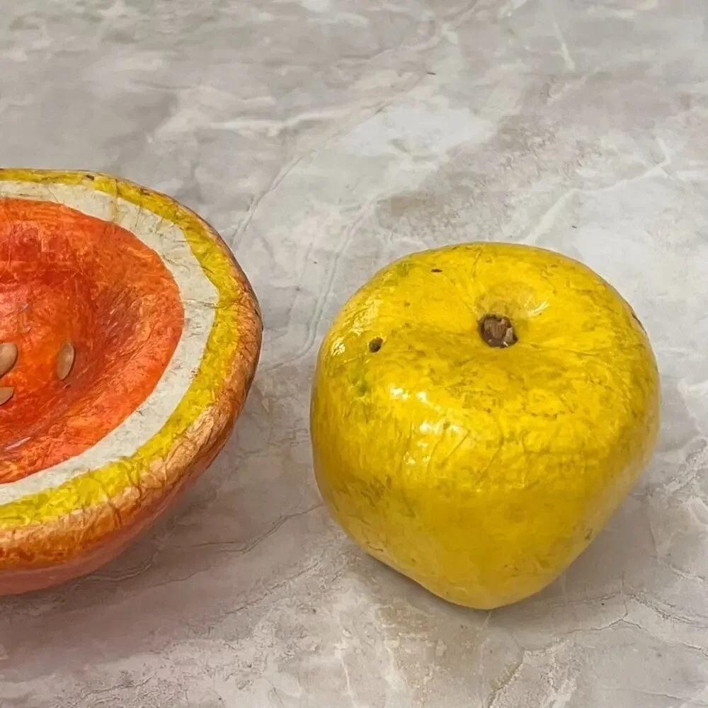 Paper-mache Yellow Apple & Grapefruit Vintage Display Decor Pair Of 2